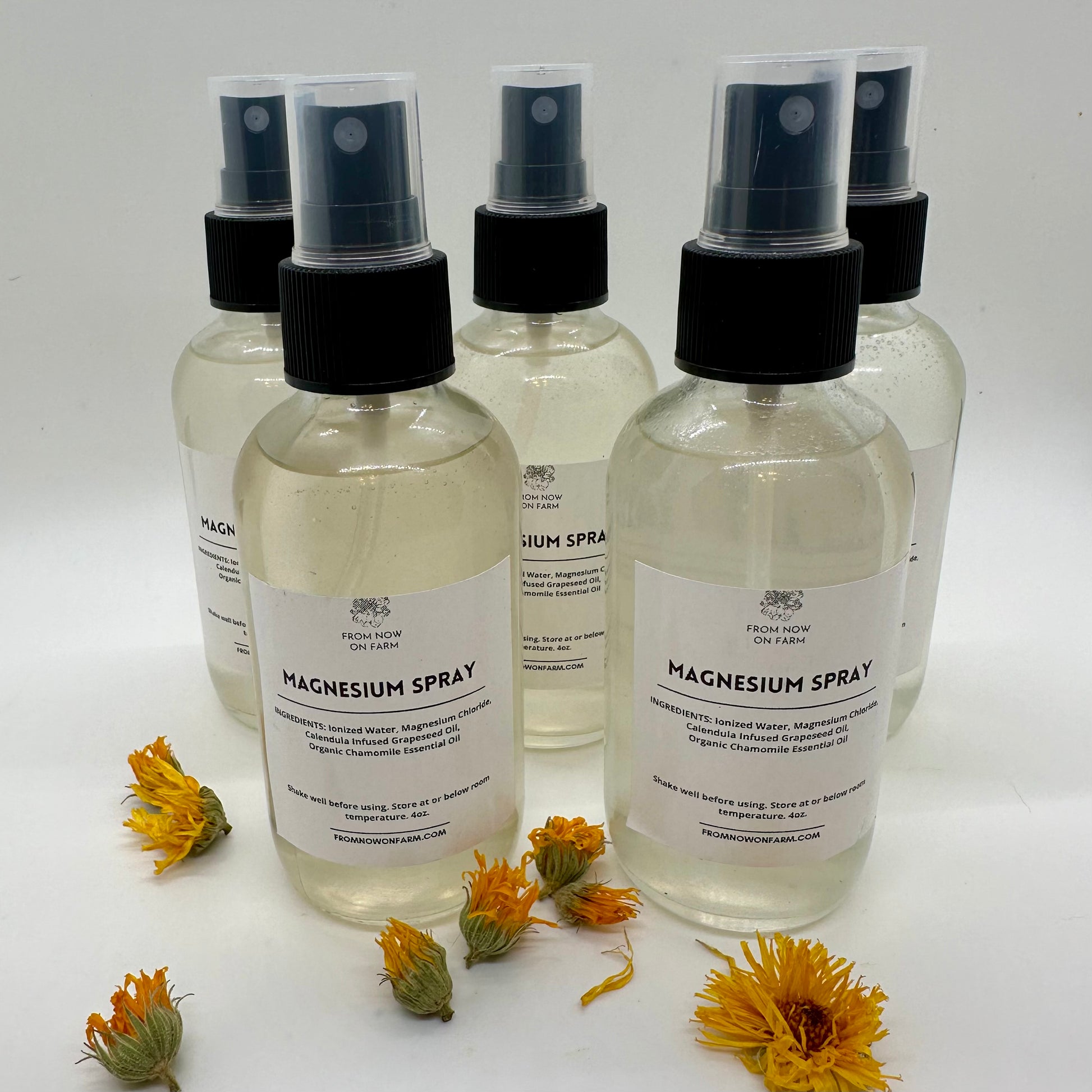 We’d love for you to try our new magnesium spray with added calendula and hints of chamomile. Magnesium, itself, has known benefits like soothing sore muscles, promoting a good night’s rest, and regulating hormones. Leg cramps or restless legs, anyone? We love the spray for these reasons. You’ll also gain the added benefits of calendula for your lymphatic system and chamomile for stress & anxiety-all rolled into one spray.

INGREDIENTS: Ionized Water, Magnesium Chloride Flakes, Calendula Water, Isopropyl Al